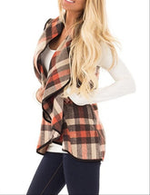 Women Vest Lapel Open Front Buffalo Plaid Sleeveless Cardigan Jacket Coat with Pockets